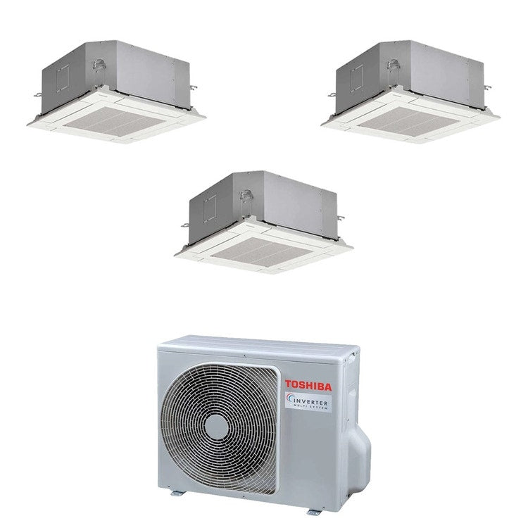 Toshiba 3-fach-Split-Klimagerät 4-Wege-Kassette 60x60, Inverter – Außengerät R32 5,2 kW, Innengeräte 10000+10000+10000 BTU RAS-3M18G3AVG-E+RAS-M[10|10|10]S4MUVG-E