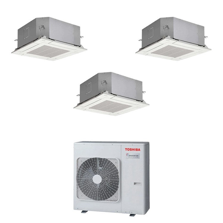 Toshiba 3-fach-Split-Klimagerät 4-Wege-Kassette 60x60, Inverter – Außengerät R32 10 kW, Innengeräte 10000+18000+18000 BTU RAS-5M34G3AVG-E+RAS-M[10|18|18]S4MUVG-E