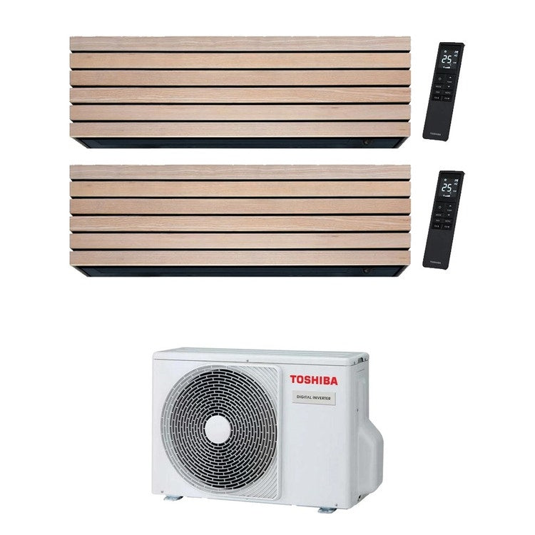 Toshiba 2-fach-Split-Klimagerät DAISEIKAI 10 WOOD, Wandgerät, Inverter, WLAN, Holzoptik (Wood) – Außengerät R32 3,3 kW, Innengeräte 10000+10000 BTU RAS-2M10G3AVG-E+RAS-B[10|10]S4KVDG-E