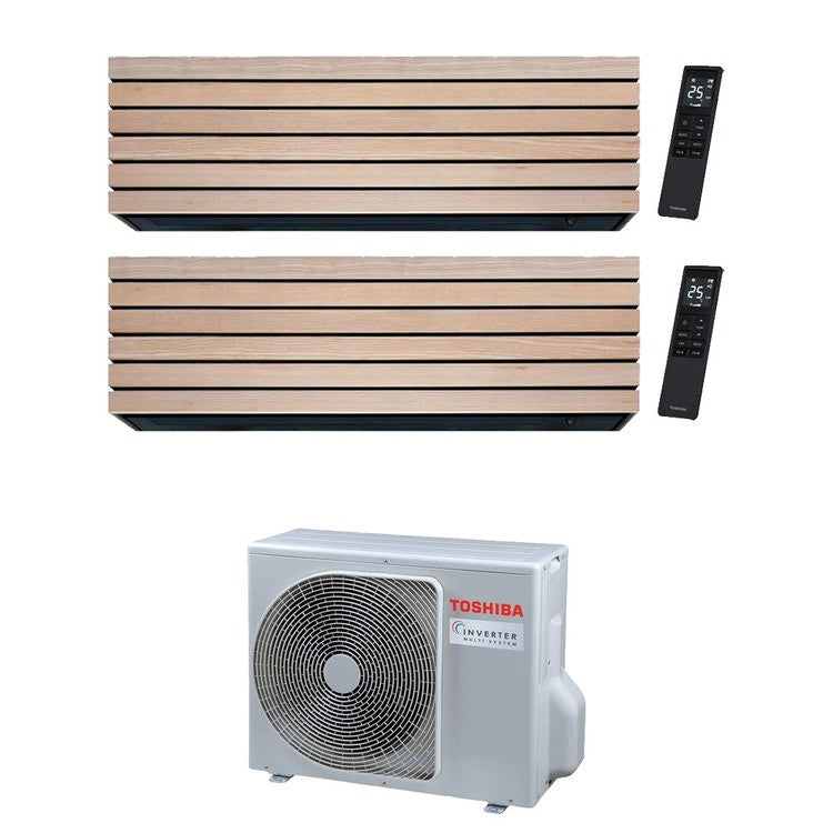 Toshiba 2-fach-Split-Klimagerät DAISEIKAI 10 WOOD, Wandgerät, Inverter, WLAN, Holzoptik (Wood) – Außengerät R32 5,2 kW, Innengeräte 13000+13000 BTU RAS-2M18G3AVG-E+RAS-B[13|13]S4KVDG-E