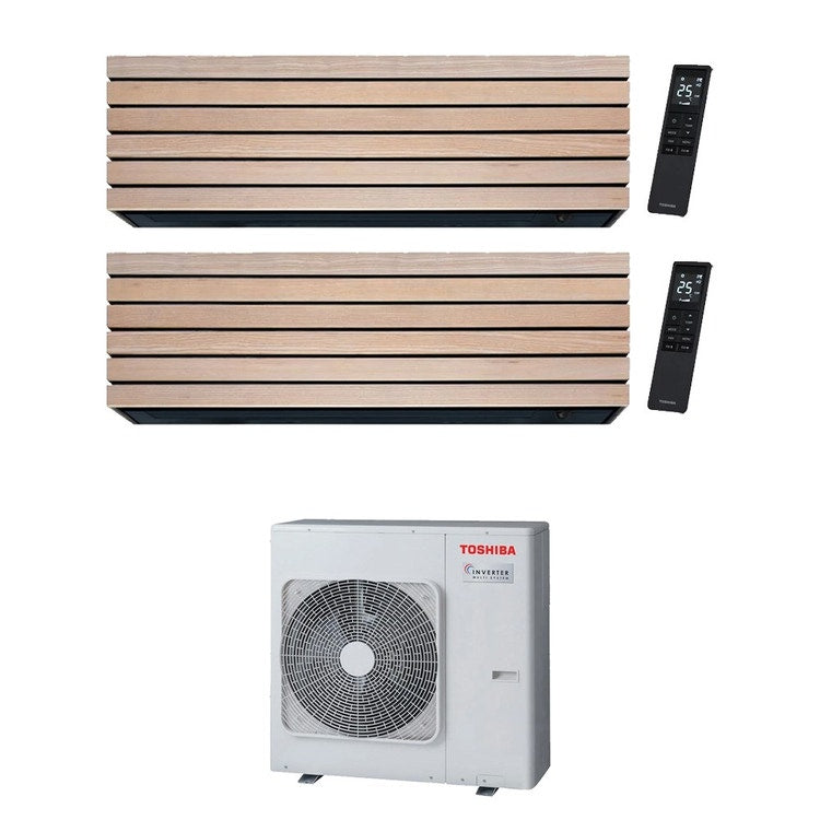 Toshiba 2-fach-Split-Klimagerät DAISEIKAI 10 WOOD, Wandgerät, Inverter, WLAN, Holzoptik (Wood) – Außengerät R32 7,5 kW, Innengeräte 18000+10000 BTU RAS-3M26G3AVG-E+RAS-B[18|10]S4KVDG-E