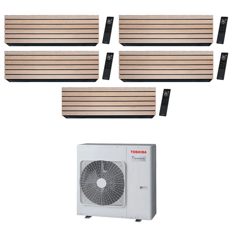 Toshiba 5-fach-Split-Klimagerät DAISEIKAI 10 WOOD, Wandgerät, Inverter, WLAN, Holzoptik (Wood) – Außengerät R32 10 kW, Innengeräte 13000+13000+10000+10000+10000 BTU RAS-5M34G3AVG-E+RAS-B[13|13|10|10|10]S4KVDG-E