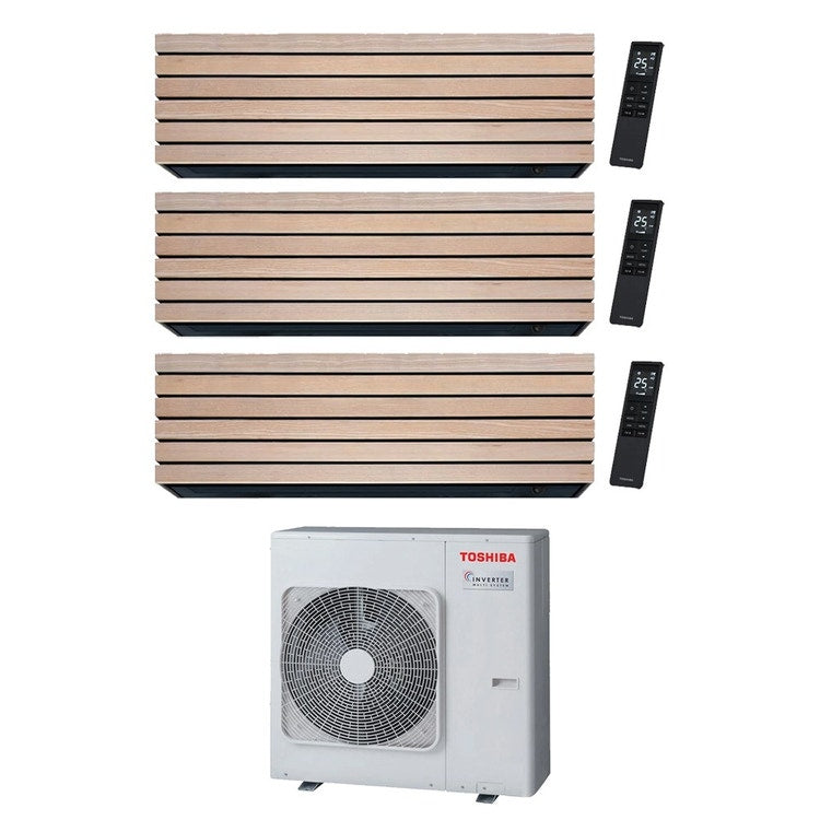Toshiba 3-fach-Split-Klimagerät DAISEIKAI 10 WOOD, Wandgerät, Inverter, WLAN, Holzoptik (Wood) – Außengerät R32 10 kW, Innengeräte 10000+13000+13000 BTU RAS-5M34G3AVG-E+RAS-B[10|13|13]S4KVDG-E