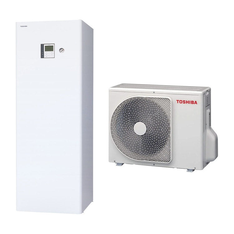 Toshiba Komplettsystem aus einem Inverter-Wärmepumpenmodul 4 kW mit All-in-One-Hydronikeinheit 220 Liter, einzonig mit zusätzlichem Elektroheizstab 3 kW ESTIA HWT-401HW-E+HWT-601F21SM3W-E