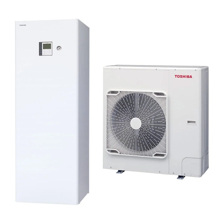 Toshiba Komplettsystem aus einer 8 kW einphasigen Inverter-Wärmepumpe, mit einer 210-Liter-All-in-One-Hydronikeinheit, 1 Zone, mit 9 kW Zusatzheizelement ESTIA HWT-1102S21ST9W-E+HWT-801HW-E