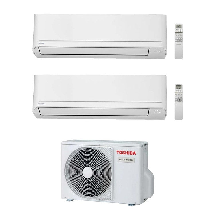 Toshiba 2-fach-Split-Klimagerät SEIYA Smart, Wandgerät, Inverter, WLAN, Weiß – Außengerät R32 4 kW, Innengeräte 7000+5000 BTU RAS-2M14G3AVG-E+RAS-[B07|B05]S4KVG-E