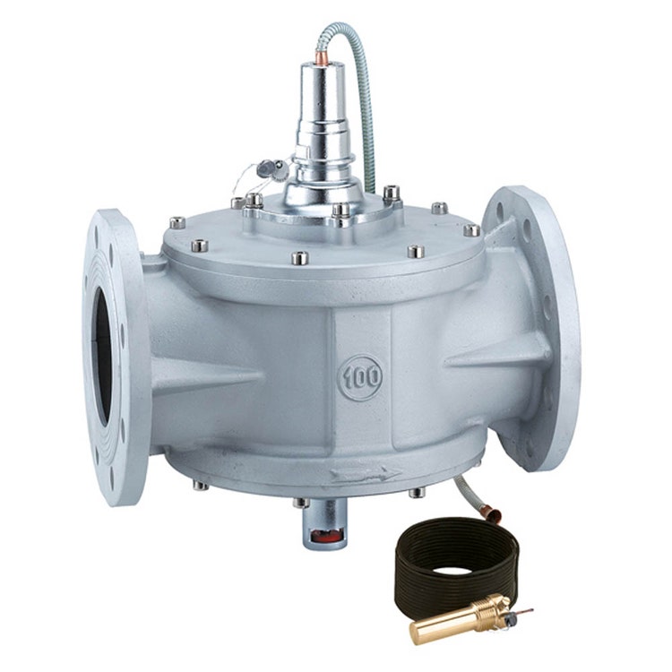 Caleffi Brennstoffabsperrventil, Flanschanschlüsse, Aluminiumgehäuse mit 10 m Sensor, Einstellung 97° DN 100 540101