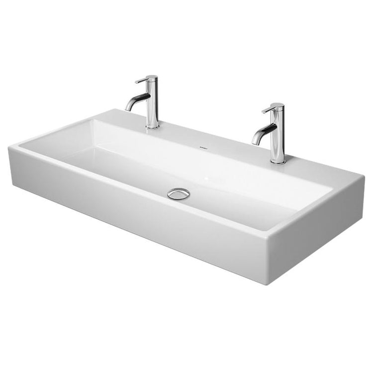 Duravit Waschbecken Konsole 100 cm, Einzelbohrung für Doppelwinkel, ohne Überlauf, mit Rand für Armatur, untere Seite emailliert, Weiß VERO AIR 2350100043