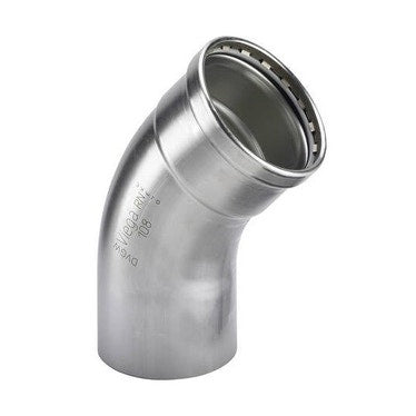 Viega 45° Bogen Ø 108, mit Außengewinde, aus glänzendem Edelstahl mit SC-Contur (Wasser) SANPRESS INOX XL 482701