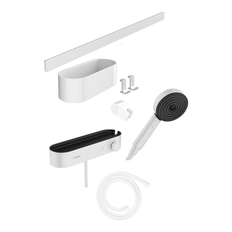 Hansgrohe Duschpaket 105, 3 Strahlen, Active EcoSmart, thermostatisch, Duschstange 70 cm und Körbe-Set, Weiß, matte Oberfläche WALLSTORIS 24250700