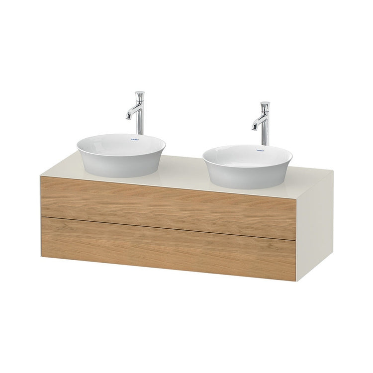 Duravit Hängender Unterschrank L. 130 cm, mit 2 Schubladen und Ausschnitt für Siphon und Siphonabdeckung, 1 Konsole mit 2 Ausschnitten für Waschbecken, Front in Eiche natur massiv, Korpusfarbe weiß nordic, glänzende Oberfläche WHITE TULIP WT4988BH5H4