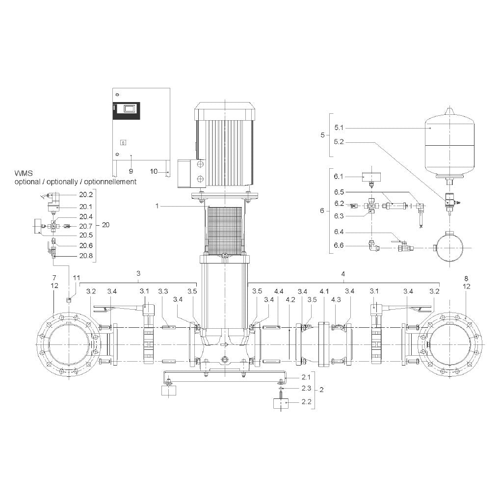 Explosionszeichnung Wilo Comfort CO MVI/CC, Comfort COR MVI/CC – Ersatzteil Leitung Saugseite DE2 DN200PN16/100 (Art. 2061119)