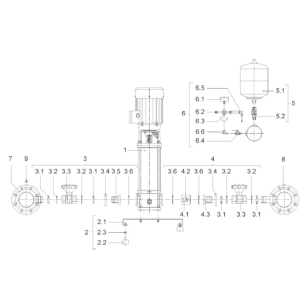 Explosionszeichnung Wilo Comfort CO MVI/CR, Comfort COR MVI/CC – Ersatzteil LEITUNG DE6 DN100-6x11/2"x3000 (Art. 2060975)