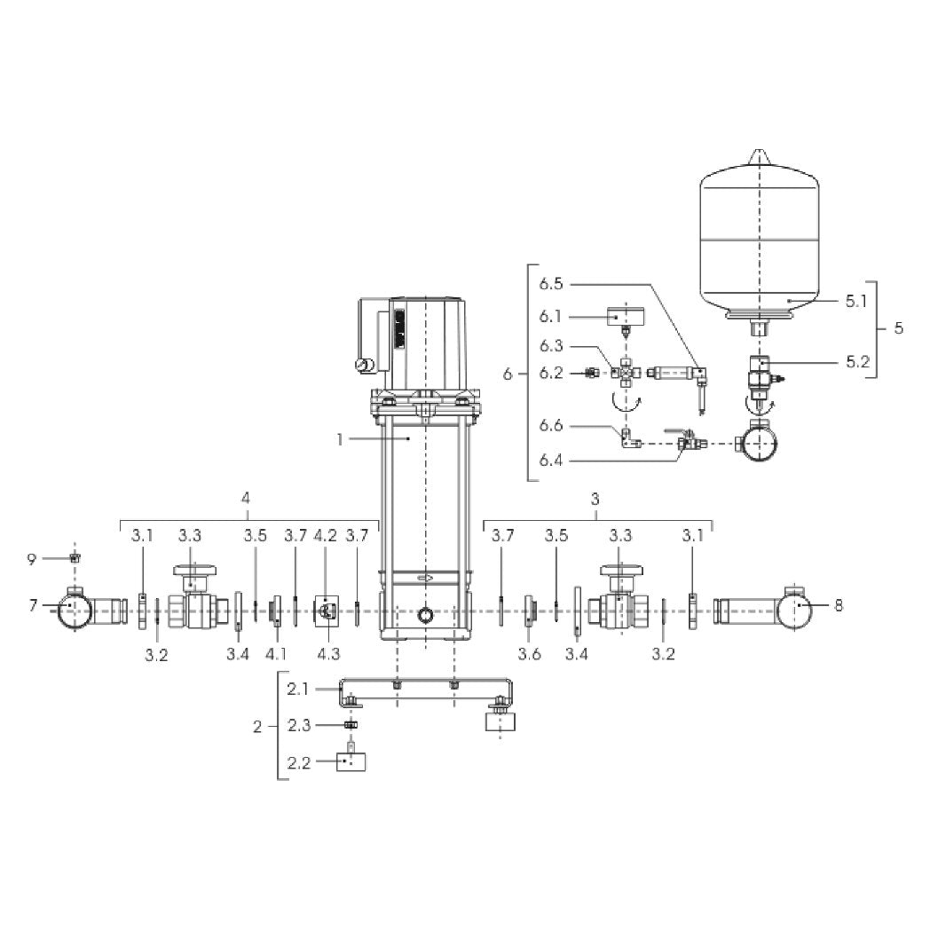 Explosionszeichnung Wilo Comfort CO MVI/CR, Comfort COR MVI/CC – Ersatzteil LEITUNG DE6 21/2"-6x11/4"-316 (Art. 2060948)