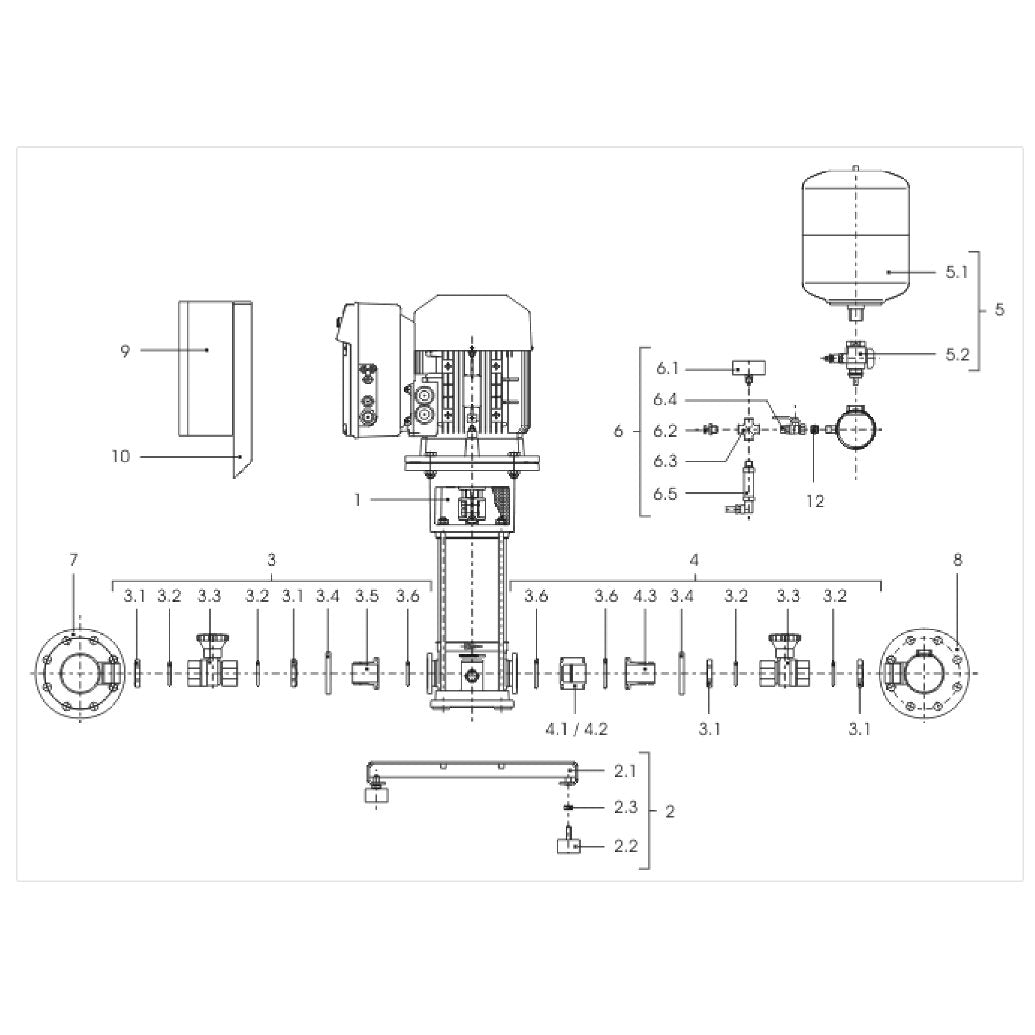 Explosionszeichnung Wilo Comfort CO MVI/CR, Comfort COR MVI/CC – Ersatzteil LEITUNG DE4 DN100-4x11/2"x2000 (Art. 2054323)