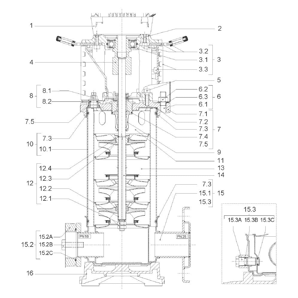 Explosionszeichnung Wilo Helix V16, Helix2.0-VE – Ersatzteil Zentrierstufe HELIX16 1.4404 (Art. 2131054)