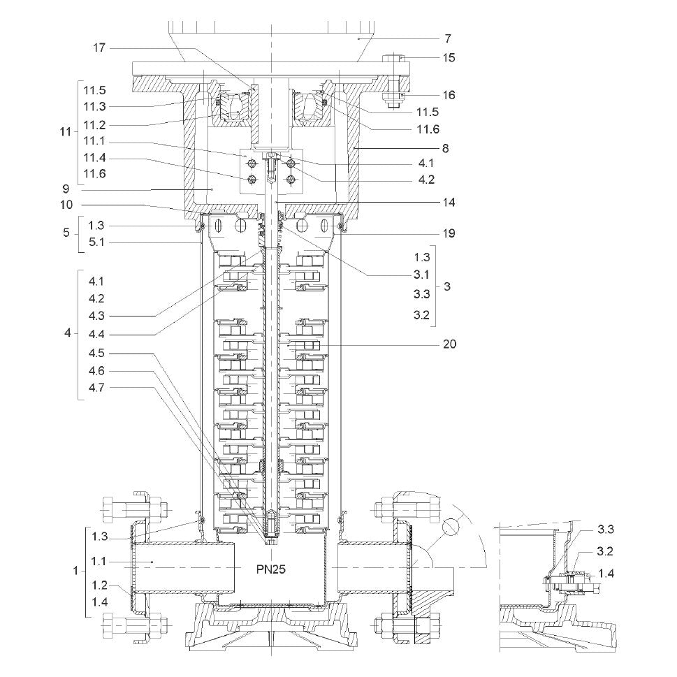 Explosionszeichnung Wilo Comfort CO MVI/CC, Comfort CO MVI/CR – Ersatzteil Pumpenmantel D.152X491 1.4301 Set (Art. 2035616)