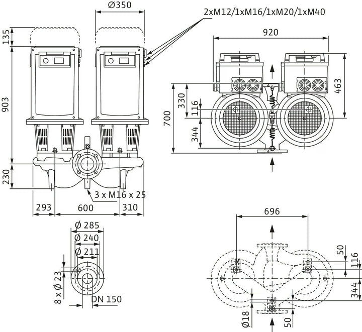 WILO Trockenläufer-Doppelpumpe DL-E 150/250-15/4-R1-S1 Art 2171087