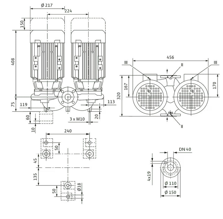WILO Einstufigen Trockenläufer-Kreiselpumpe VeroTwin-DPL 40/150-3/2-S1 320mm Art. 2171177