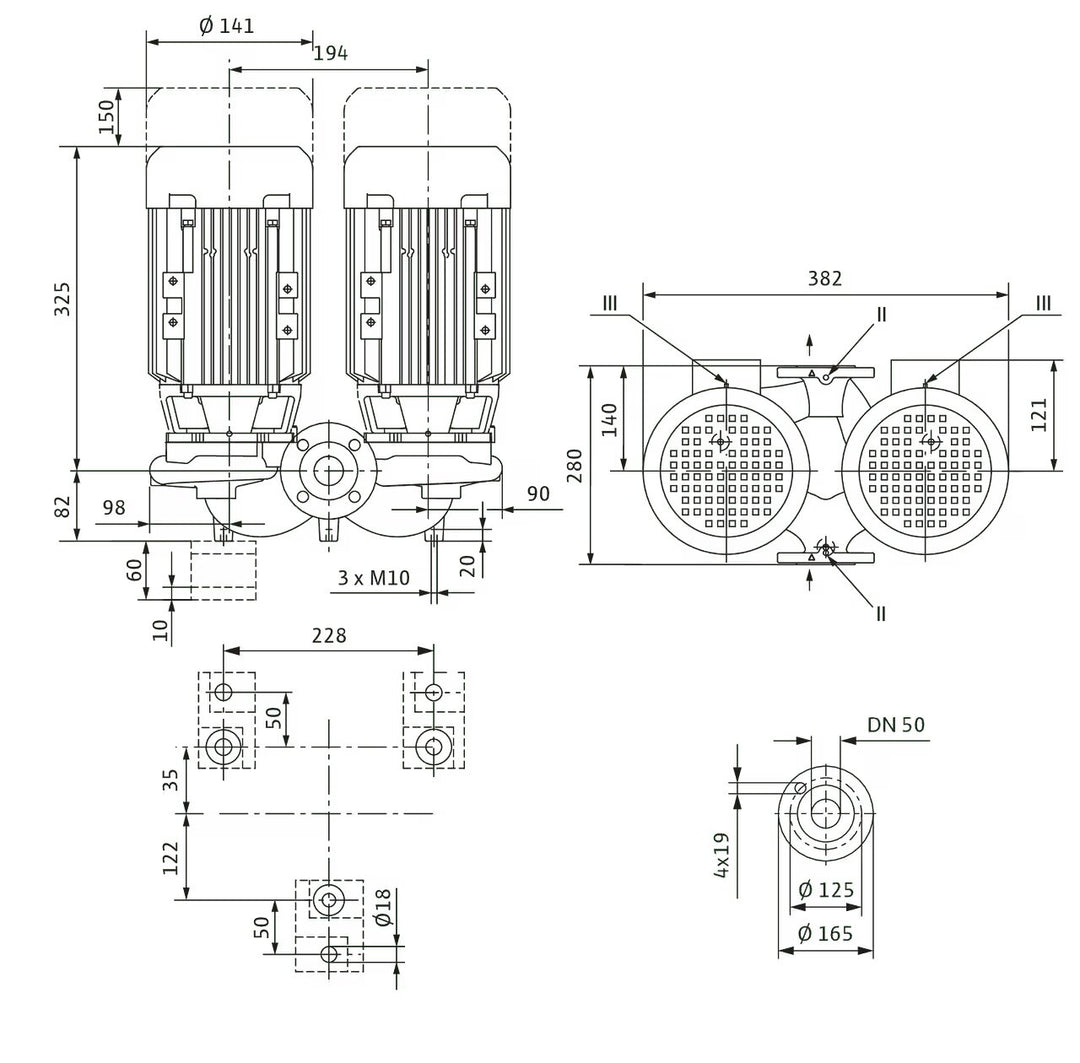 WILO Einstufigen Trockenläufer-Kreiselpumpe VeroTwin-DPL 50/95-0,55/2 280mm Art. 2152445
