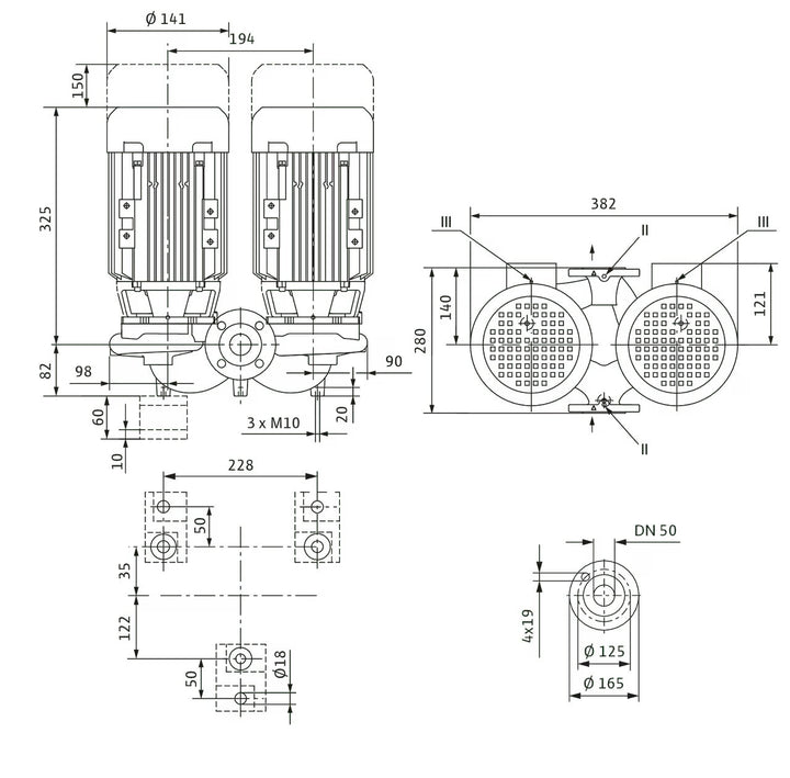 WILO Einstufigen Trockenläufer-Kreiselpumpe VeroTwin-DPL 50/95-0,55/2 280mm Art. 2152445