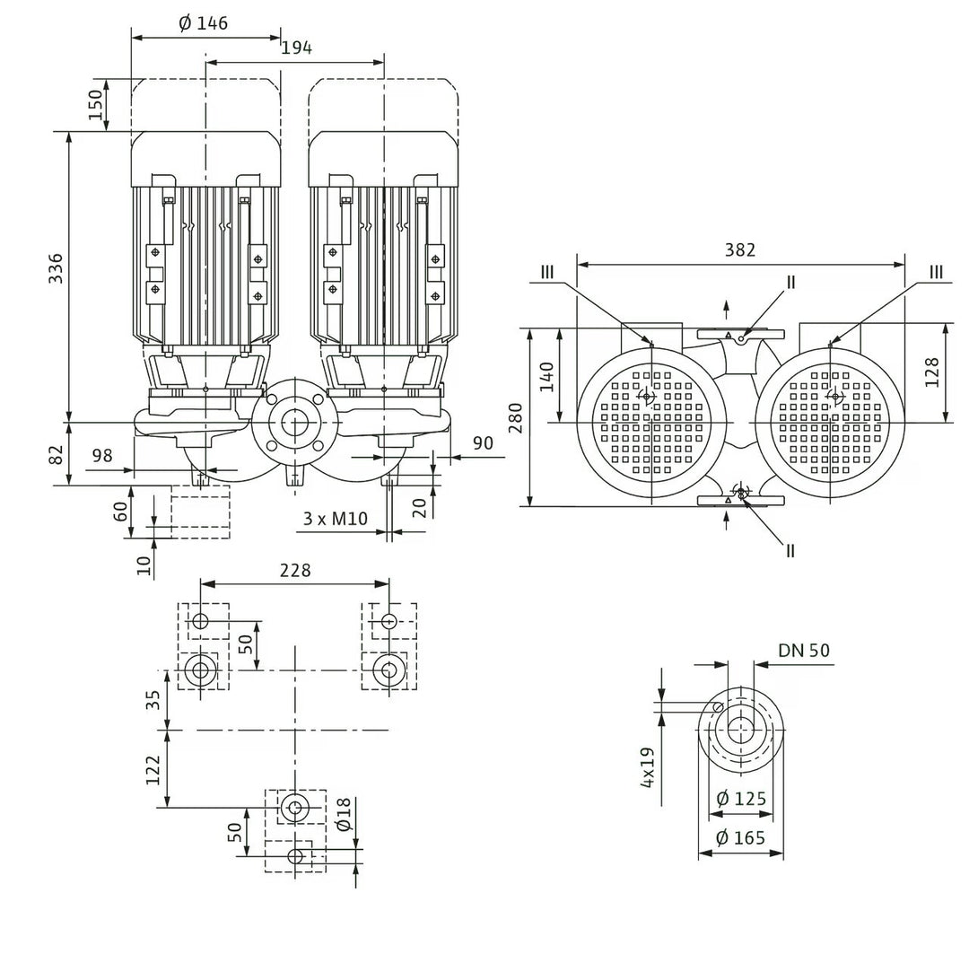 WILO Einstufigen Trockenläufer-Kreiselpumpe VeroTwin-DPL 50/105-0,75/2 280mm Art. 2155465