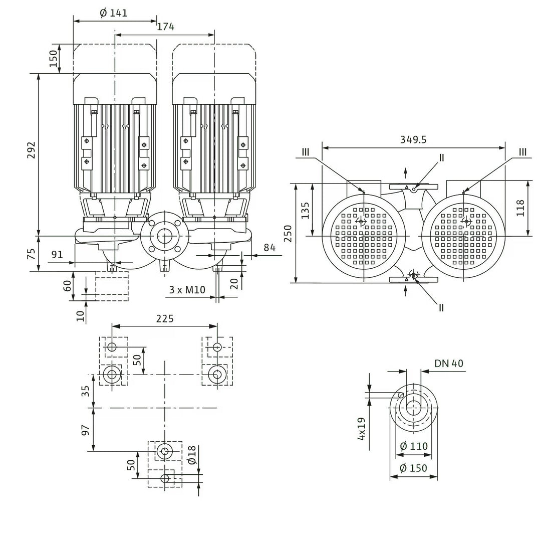 WILO Einstufigen Trockenläufer-Kreiselpumpe VeroTwin-DPL 40/75-0,12/2 250mm Art. 2157302