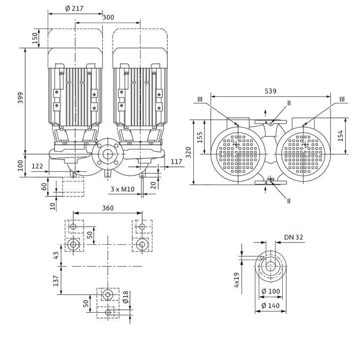 WILO Einstufigen Trockenläufer-Kreiselpumpe VeroTwin-DPL 32/165-3/2-S1 320mm Art. 2171173