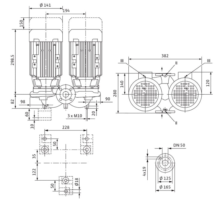 WILO Einstufigen Trockenläufer-Kreiselpumpe VeroTwin-DPL 50/105-0,12/4 280mm Art. 2150374