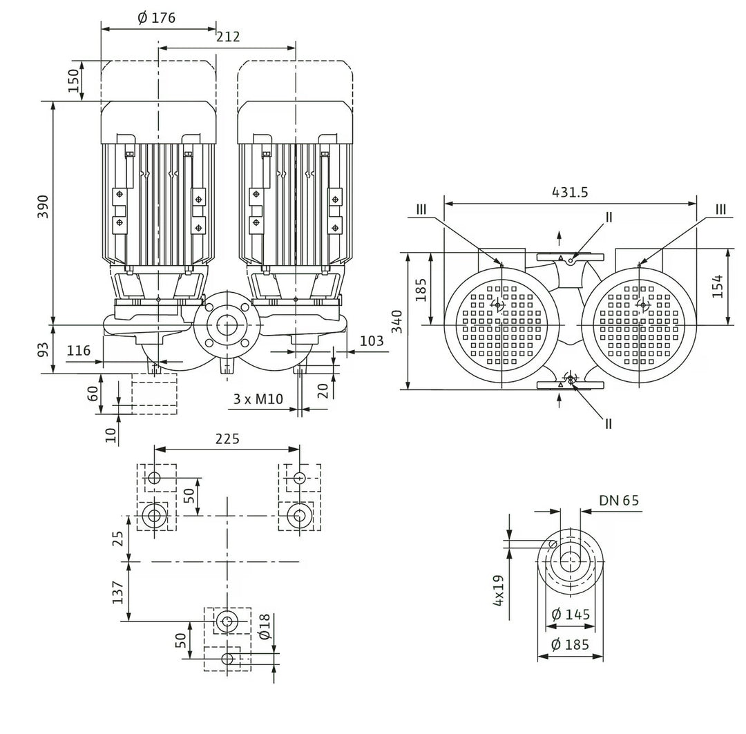 WILO Einstufigen Trockenläufer-Kreiselpumpe VeroTwin-DPL 65/115-1,5/2 340mm Art. 2121261