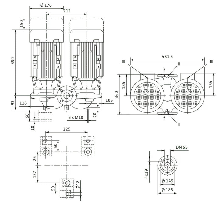 WILO Einstufigen Trockenläufer-Kreiselpumpe VeroTwin-DPL 65/115-1,5/2 340mm Art. 2121261