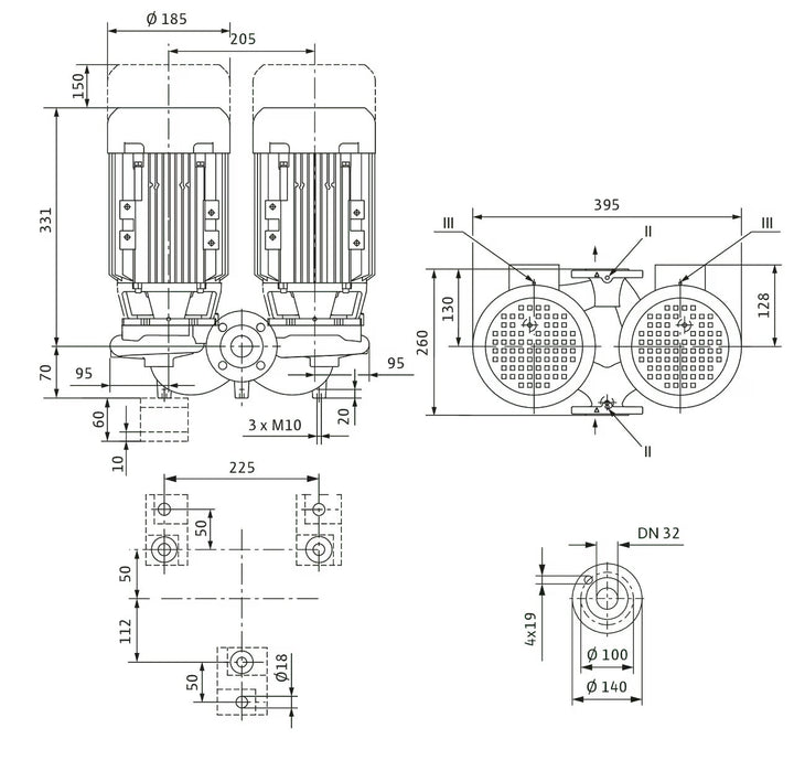 WILO Einstufigen Trockenläufer-Kreiselpumpe VeroTwin-DPL 32/105-0,75/2-S1 260mm Art. 2164244