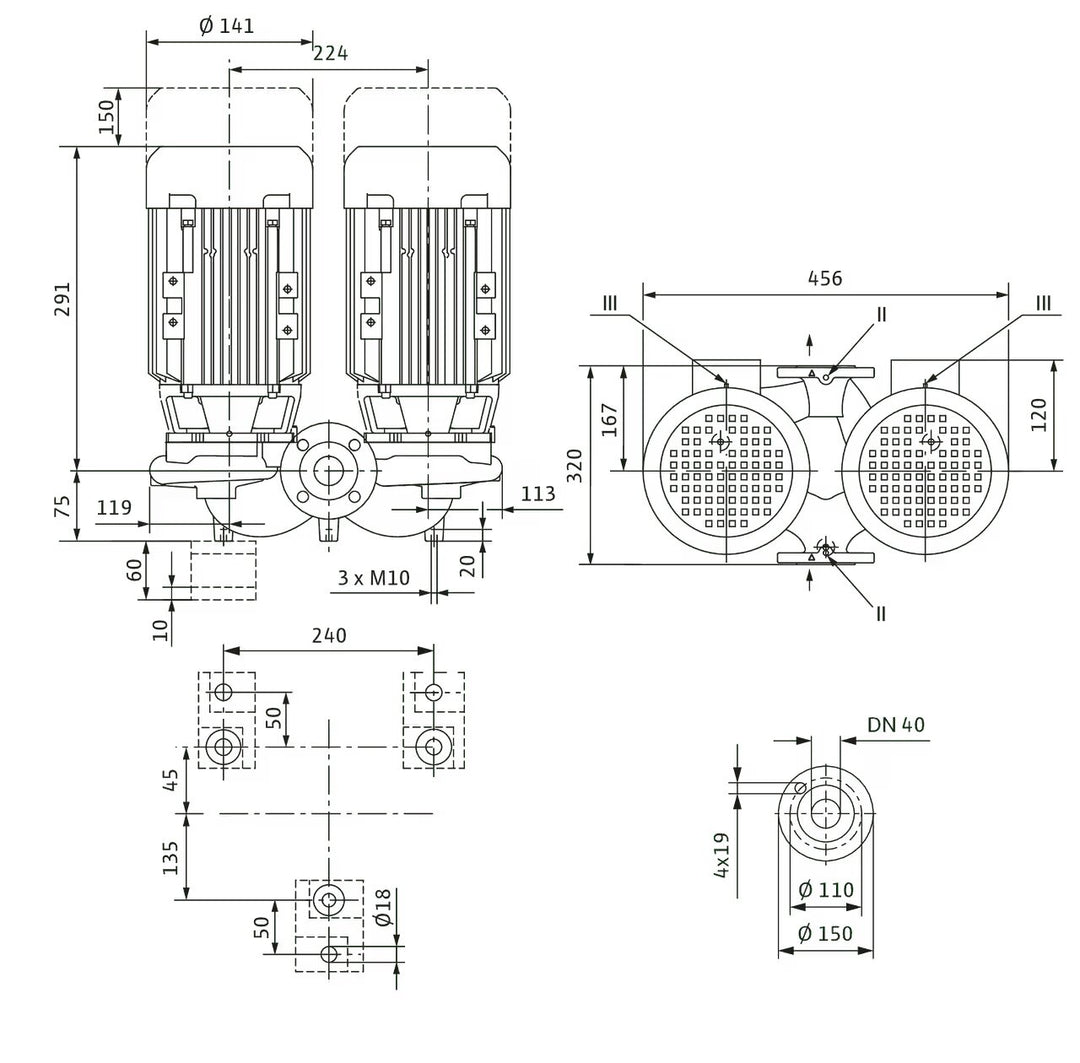 WILO Einstufigen Trockenläufer-Kreiselpumpe VeroTwin-DPL 40/130-0,25/4 320mm Art. 2089620