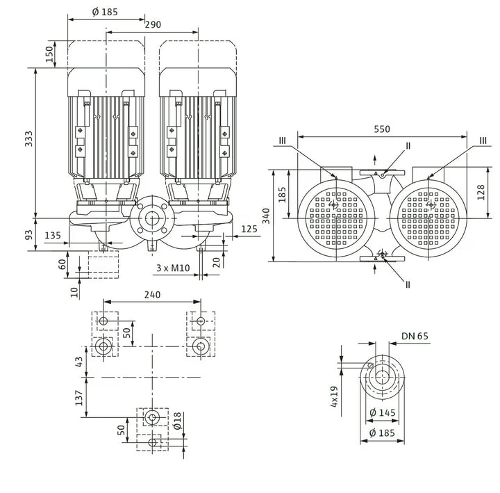 WILO Einstufigen Trockenläufer-Kreiselpumpe VeroTwin-DPL 65/130-0,55/4 340mm Art. 2133207