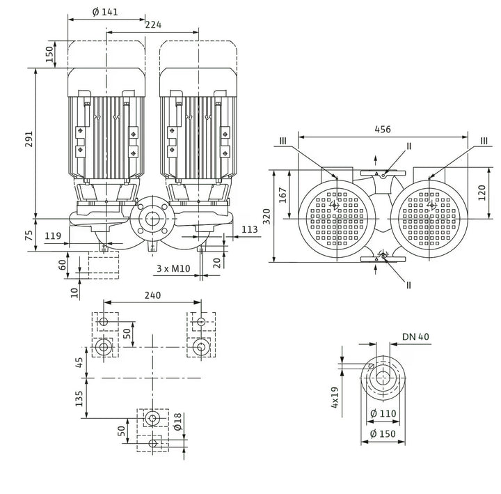WILO Einstufigen Trockenläufer-Kreiselpumpe VeroTwin-DPL 40/160-0,37/4 320mm Art. 2089621
