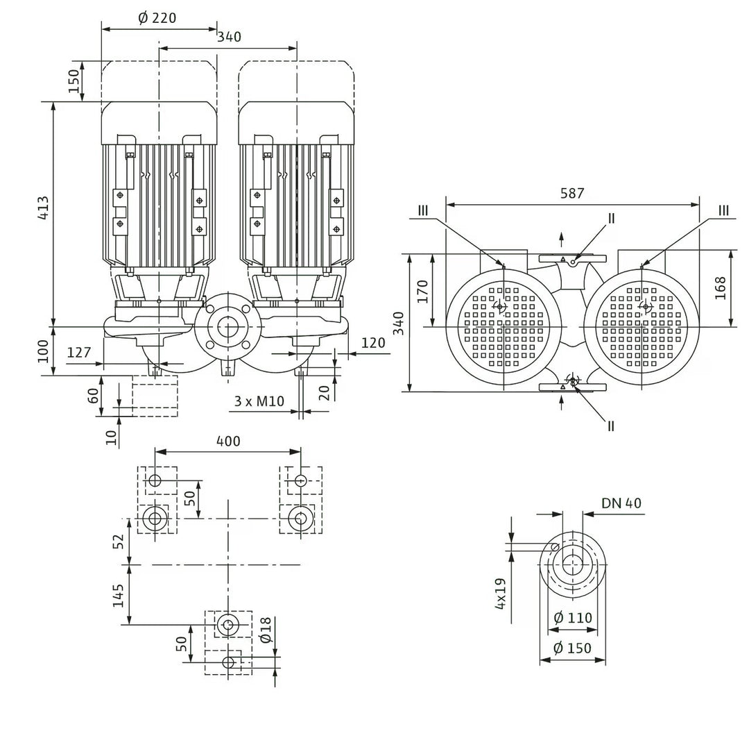 WILO Einstufigen Trockenläufer-Kreiselpumpe VeroTwin-DPL 40/165-4/2-S1 340mm Art. 2171178