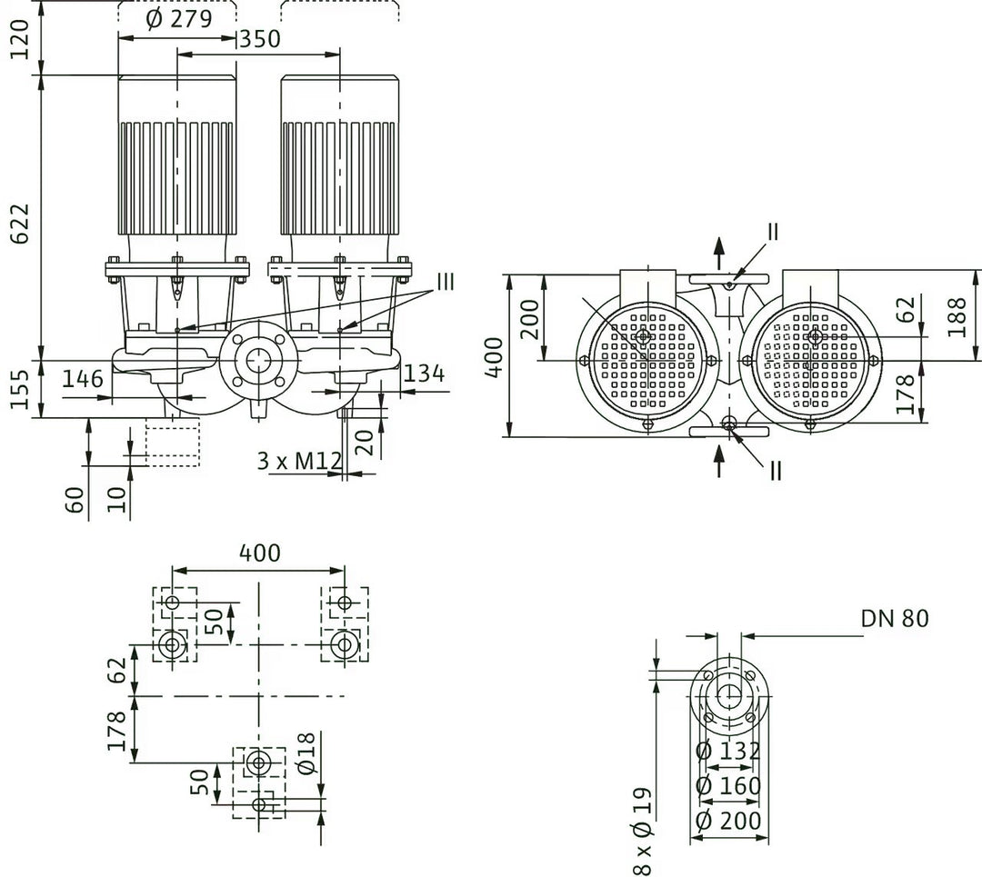 WILO Einstufigen Trockenläufer-Kreiselpumpe CronoTwin-DL 80/130-5,5/2 Art. 2121051
