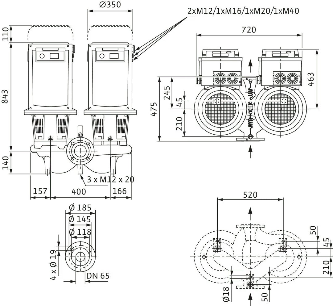 WILO Trockenläufer-Doppelpumpe DL-E 65/220-22/2-R1-S1 Art 2171106