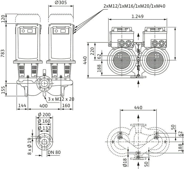 WILO Trockenläufer-Doppelpumpe DL-E 80/160-11/2-R1 Art. 2153882