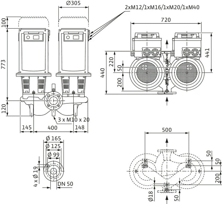 WILO Trockenläufer-Doppelpumpe DL-E 50/220-15/2-R1-S1 Art 2171100