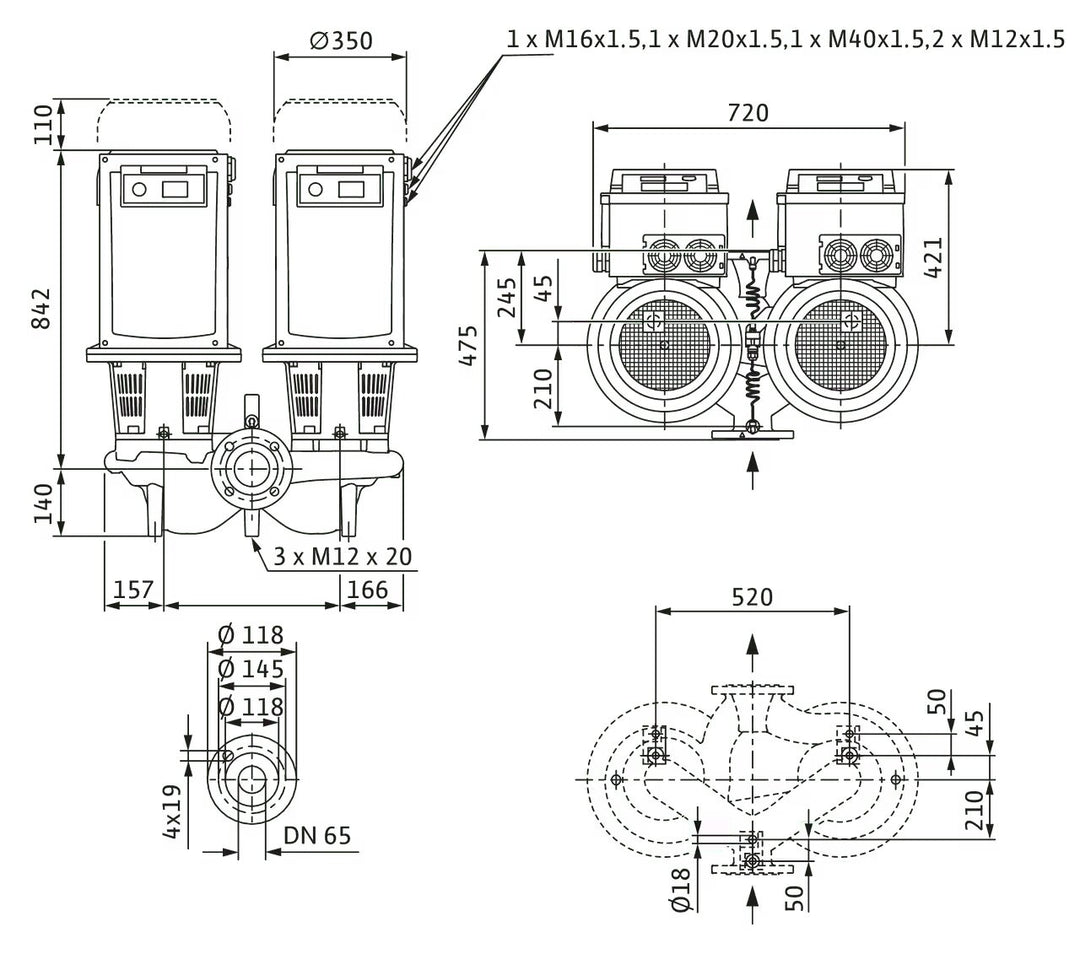 WILO Trockenläufer-Doppelpumpe DL-E 65/210-18,5/2 Art. 2217412