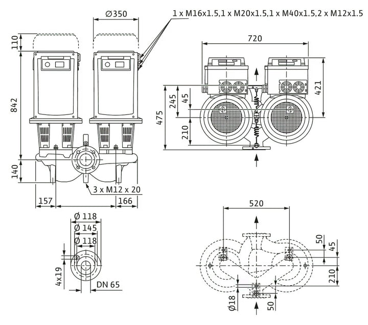 WILO Trockenläufer-Doppelpumpe DL-E 65/210-18,5/2 Art. 2217412