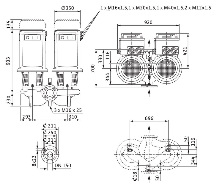 WILO Trockenläufer-Doppelpumpe DL-E 150/250-15/4 Art 2217422