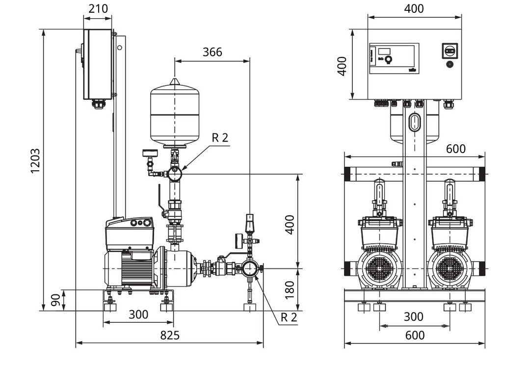 WILO Kompakt-Druckerhöhungsanlage Comfort-Vario COR-2MHIE204EM/ECe-WMS (1~230 V, 50/60 Hz) Art. 2554884
