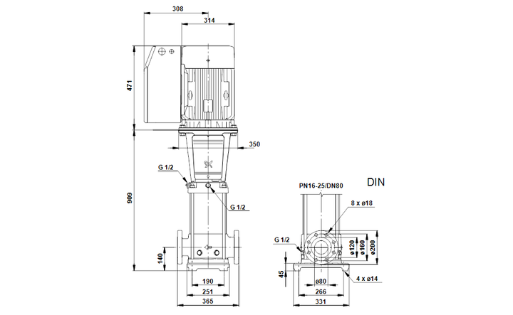 GRUNDFOS Mehrstufige Inlinepumpe CRNE 45-4 Art. 96123431