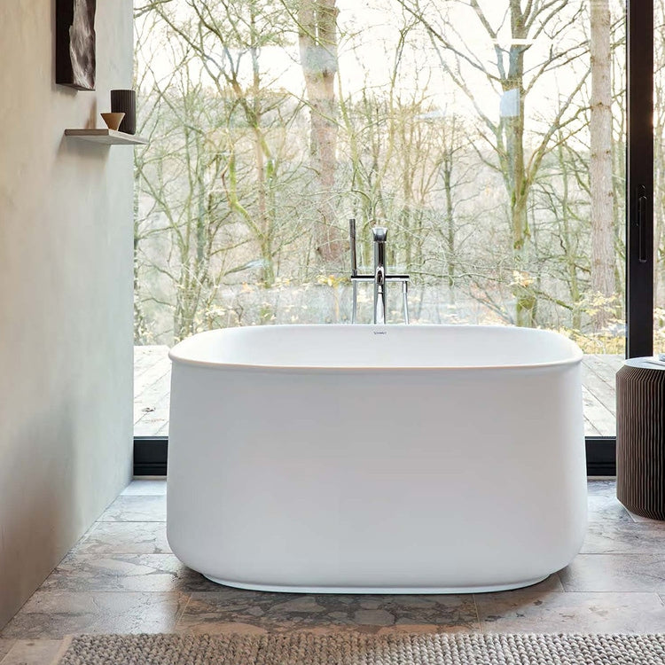 Duravit Freistehende quadratische Badewanne 125 cm, mit integriertem Paneel und Rahmen, mit zwei geneigten Rückenlehnen und Stop&Go-Ablauf, Weiß, glänzende Oberfläche ZENCHA 700464000000000