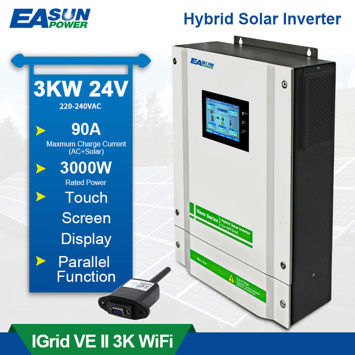 Easun Power Hybrid Wechselrichter 3 kW 220V 24V 5500W PV 450Vdc Eingang 90A MPPT