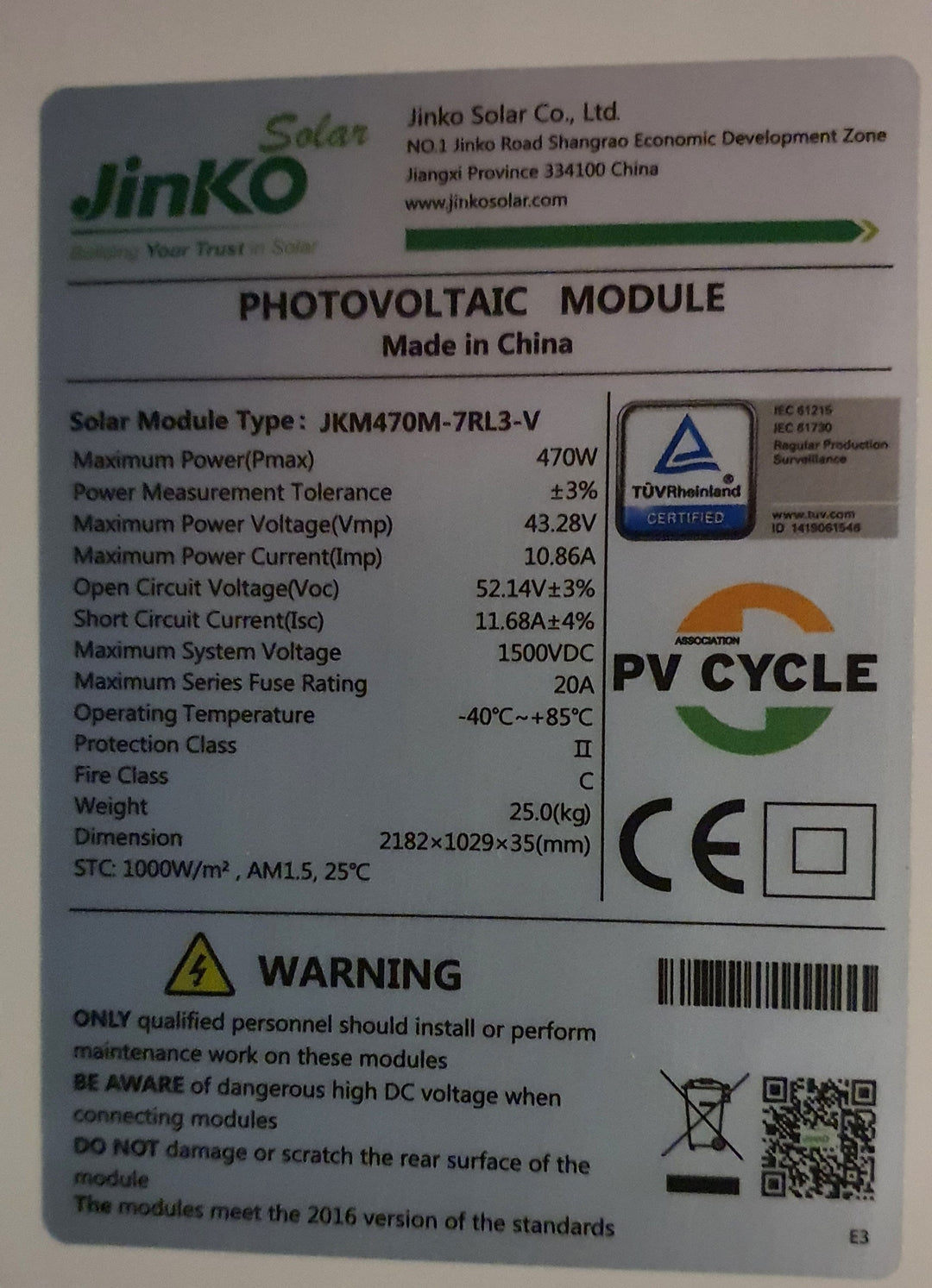 Jinko Solarmodul Tiger Mono Perc JKM470M-7RL3-V 470W Silberner Rahmen