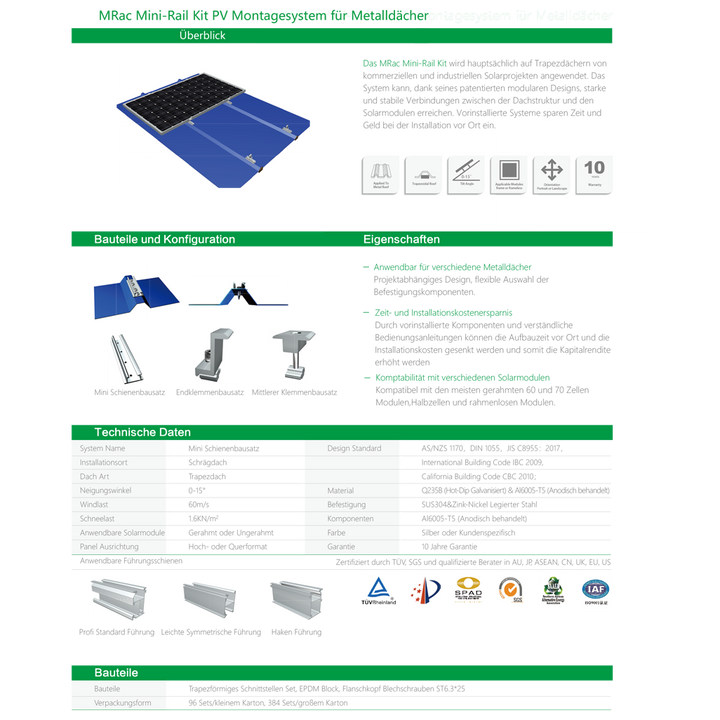 Solarhalterungen PV-Halterung für Trapezblechdach Metalldach Montageset für 6 Module