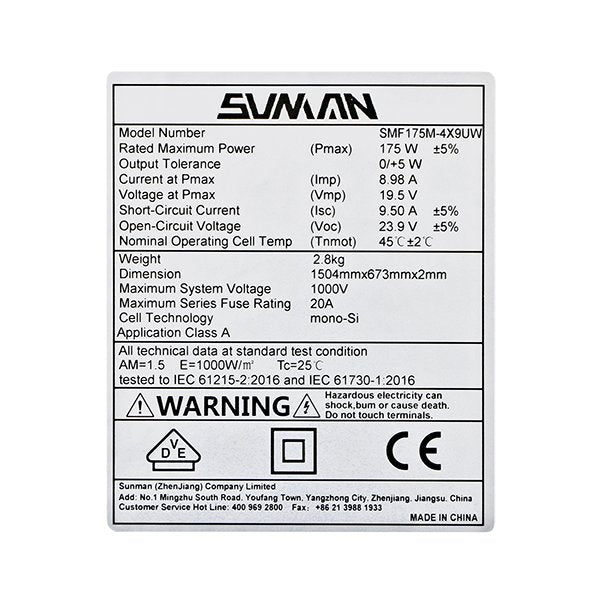 Sunman Solarmodul eArche SMF175M-4X09UW 175 W SMF Mit Klebeband, Öse